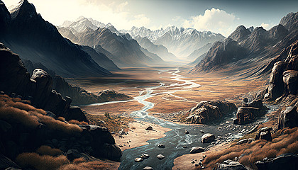 A rocky mountain range with a meandering river in the valley below.