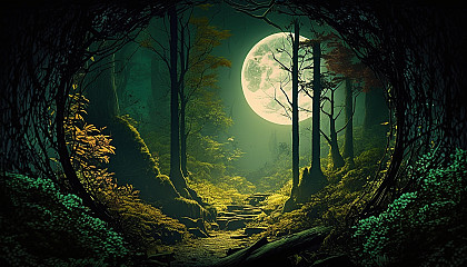 A lush forest with a bright full moon peeking through the trees.