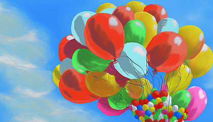 "Vibrant Balloons": A festive scene with a bouquet of colorful balloons floating against a blue sky.