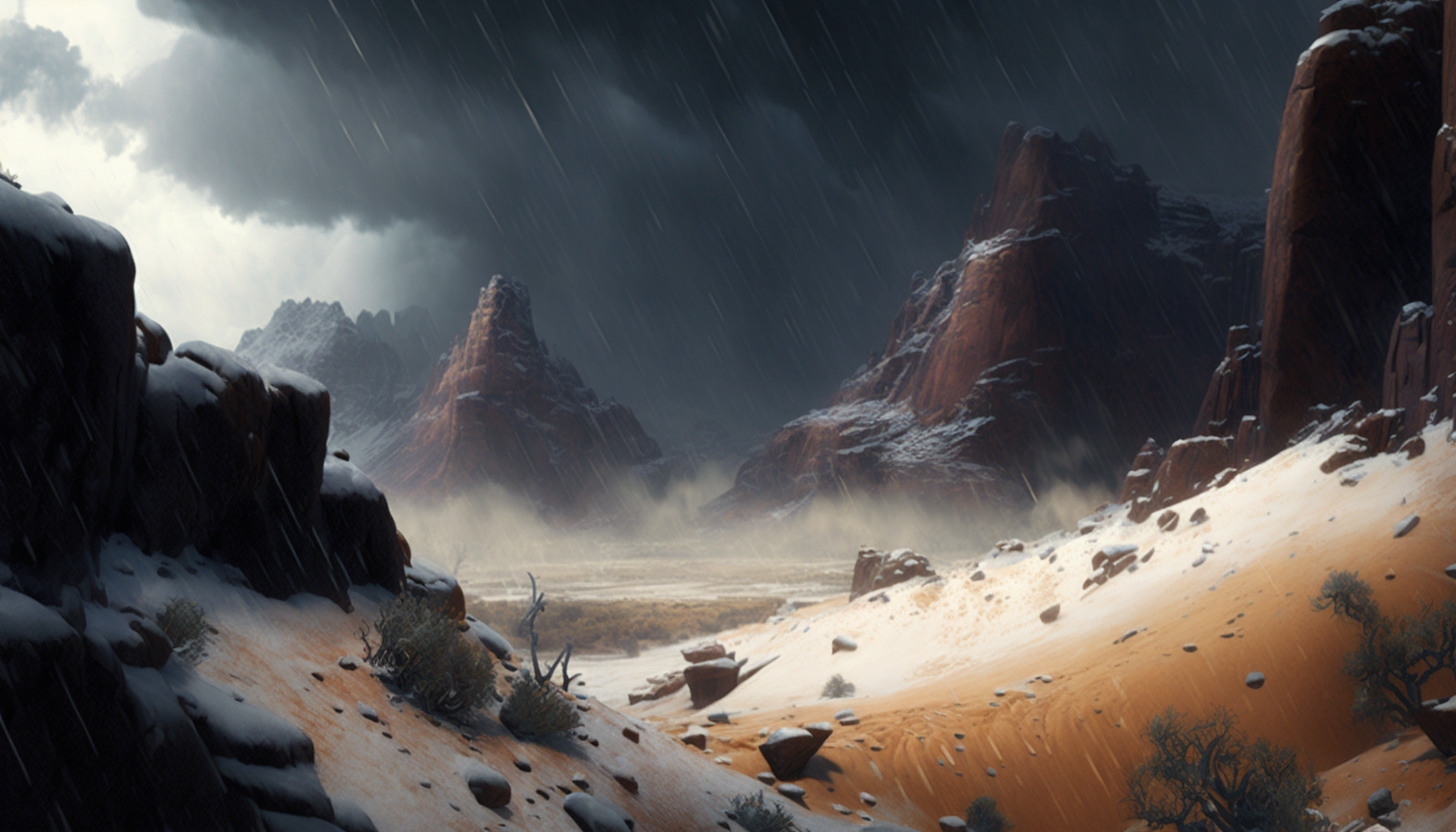 A snowstorm raging over a desert canyon