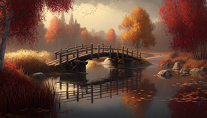 A tranquil river with a wooden bridge and autumn foliage.