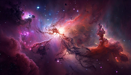 A colorful nebula with bright pink and purple clouds of gas and dust.