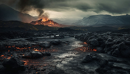 Dramatic volcanic landscapes with flowing lava and ash clouds.