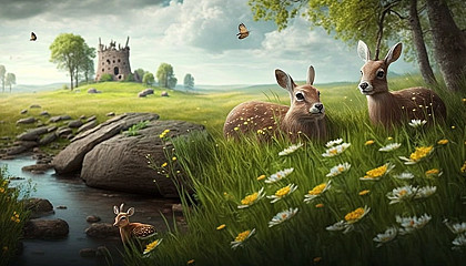 A peaceful meadow with grazing deer and rabbits