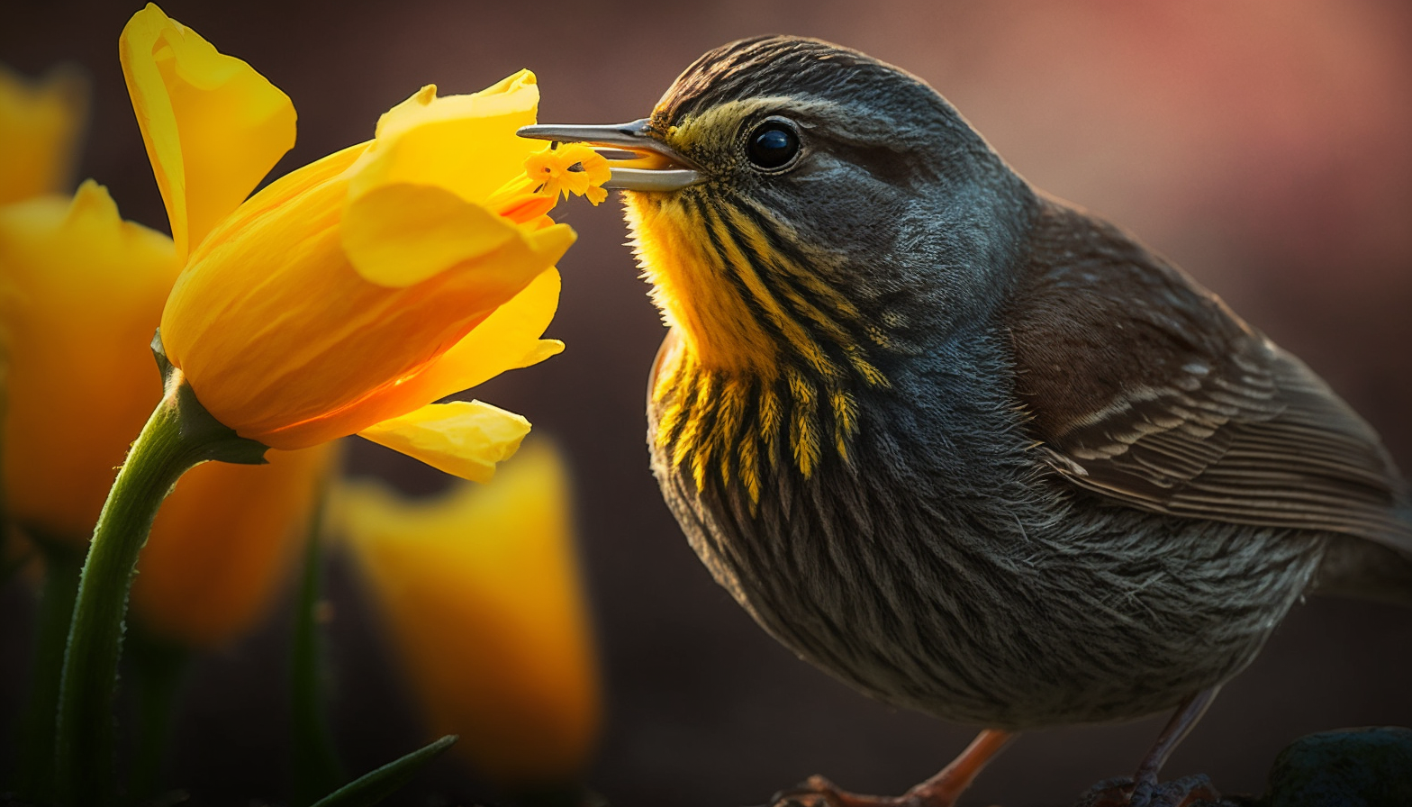 A photograph of a bird drinking nectar from a bright yellow daffodil flower.