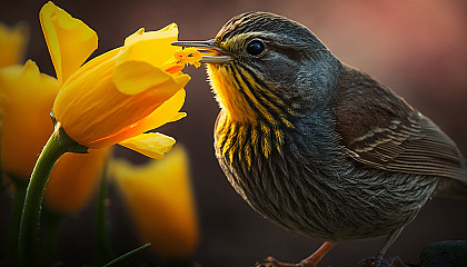 A photograph of a bird drinking nectar from a bright yellow daffodil flower.