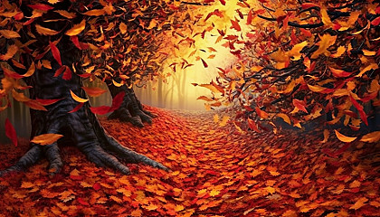 A cascade of autumn leaves falling from a tree, creating a carpet of color.