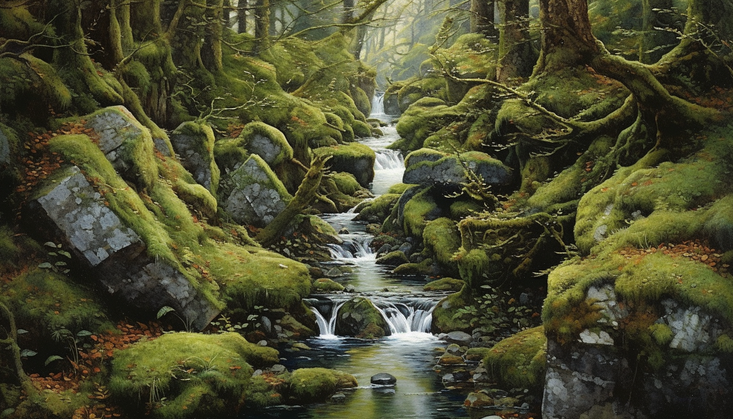 A cascading mountain stream, weaving through rocks and moss.