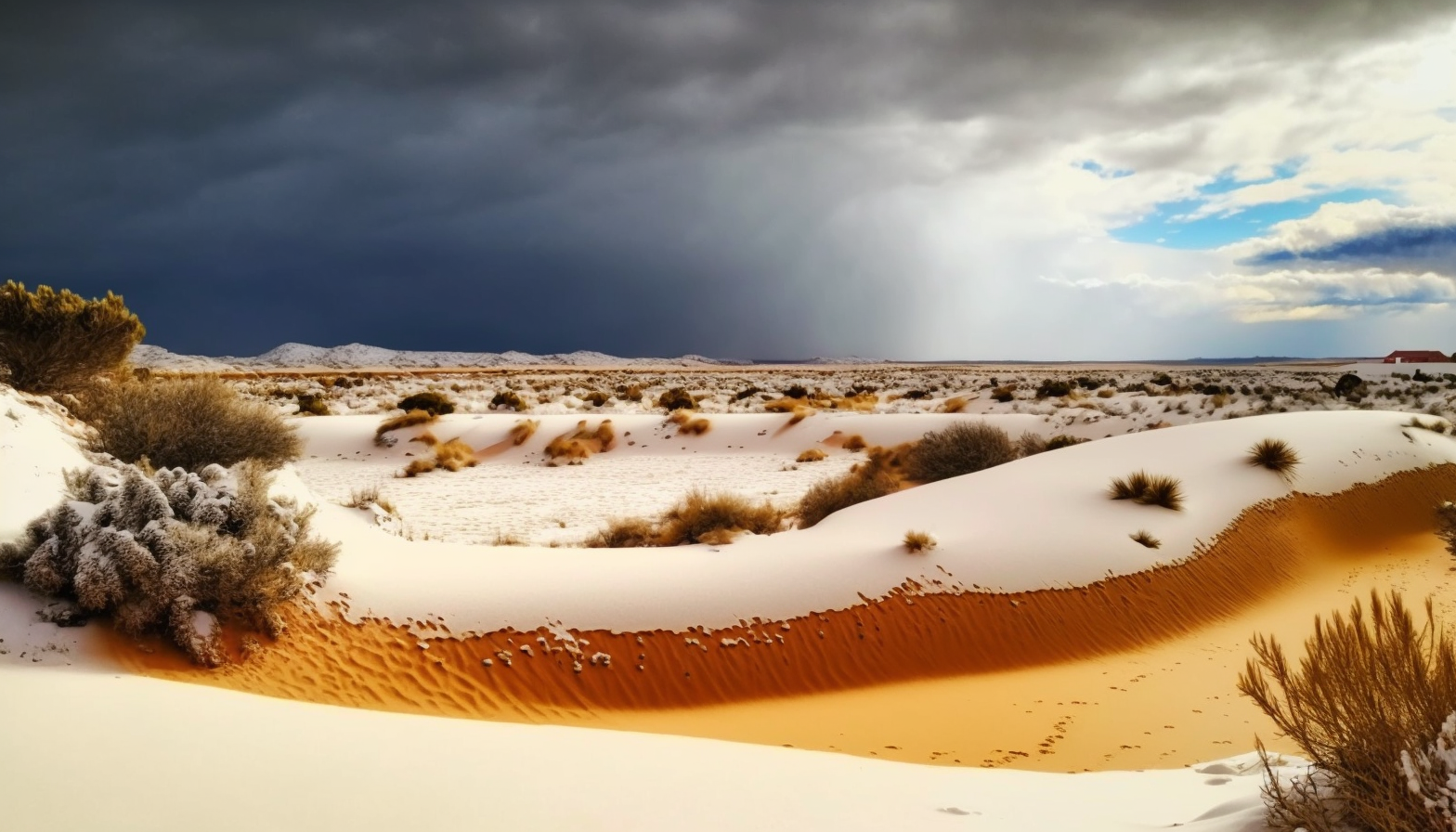 A panoramic shot of sand dunes with snow falling in the distance