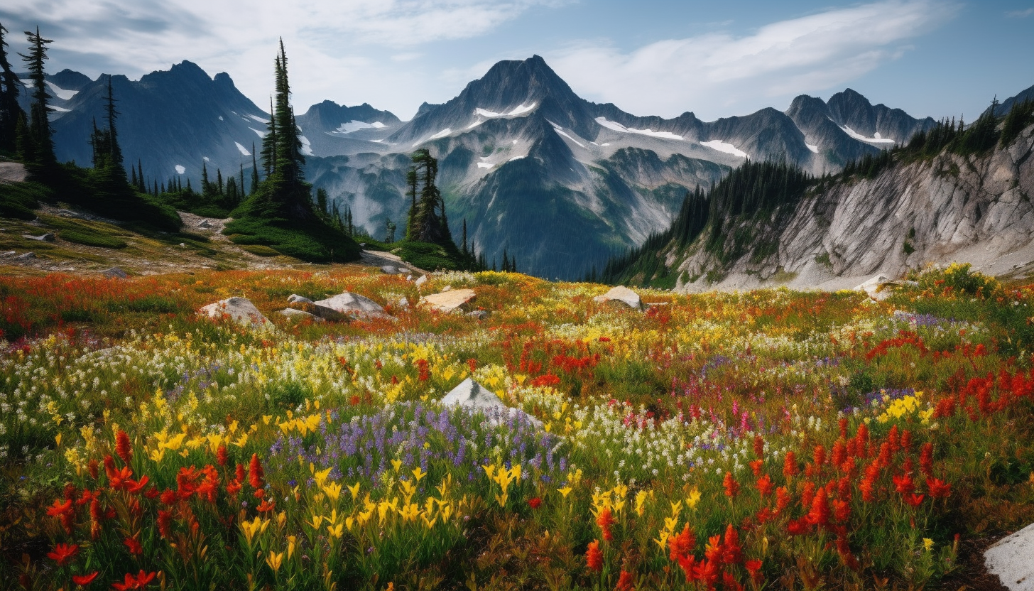 Alpine meadows bursting with colorful wildflowers and a backdrop of towering peaks.