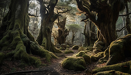 Ancient, gnarled trees standing tall in a tranquil forest.