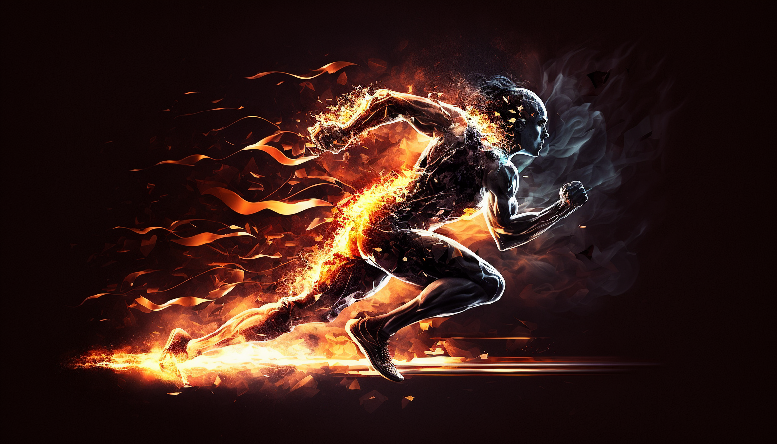 A sprinter racing towards the finish line with flames trailing behind.