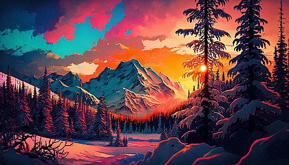 "Colorful Winter Wonderland": A winter landscape of colorful trees and snow-covered mountains, with the sun setting behind.
