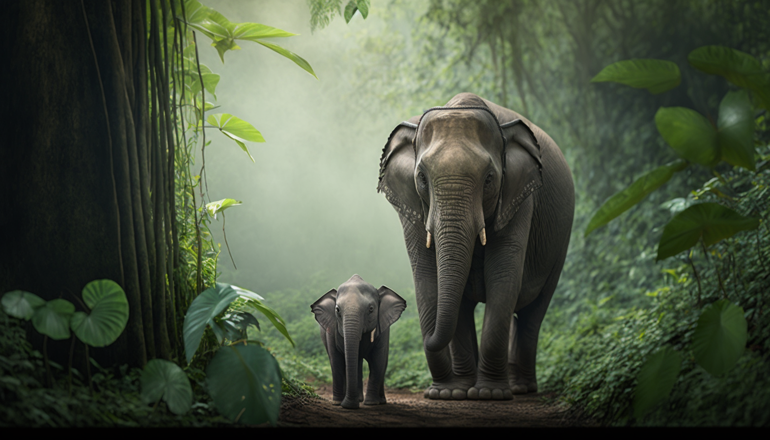 A mother elephant and her baby in a green jungle