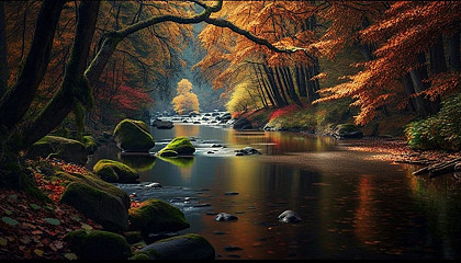 A peaceful river flowing through a forest in autumn