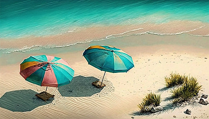 A beach scene with bright umbrellas and crystal clear water.