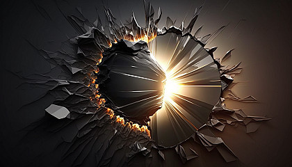 A brilliant burst of light shining through a crack in a carbon fiber material, creating a striking visual effect.