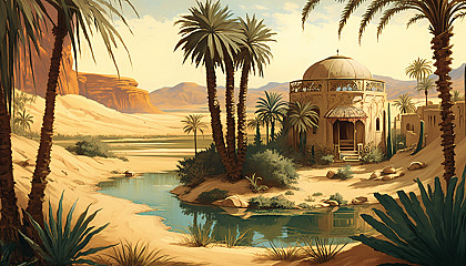 A painting of a traditional desert oasis with palm trees and water wells.