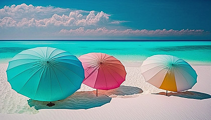 A beach scene with bright umbrellas and crystal clear water.