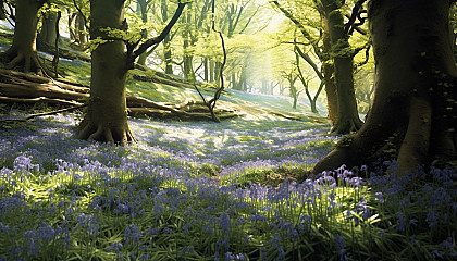 A carpet of bluebells in a shady woodland.