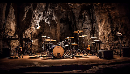 Drum set in a cave, with echoes resonating off the walls.