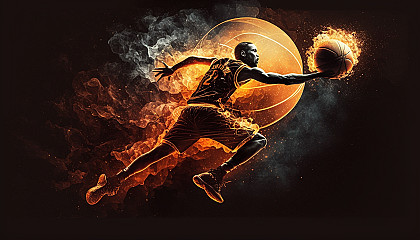 A basketball player performing a high-flying slam dunk with a fiery orange ball and a trail of light behind them.