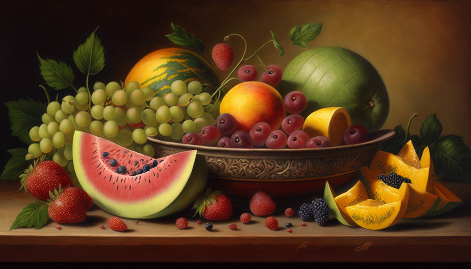 A still life painting of summer fruits like watermelon, mangoes, and strawberries.