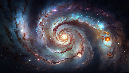 A close-up of a swirling galaxy with bright, colorful stars and clouds of gas and dust.