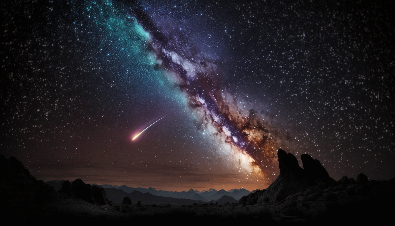 A stunning view of the Milky Way galaxy, with a shooting star in the foreground.