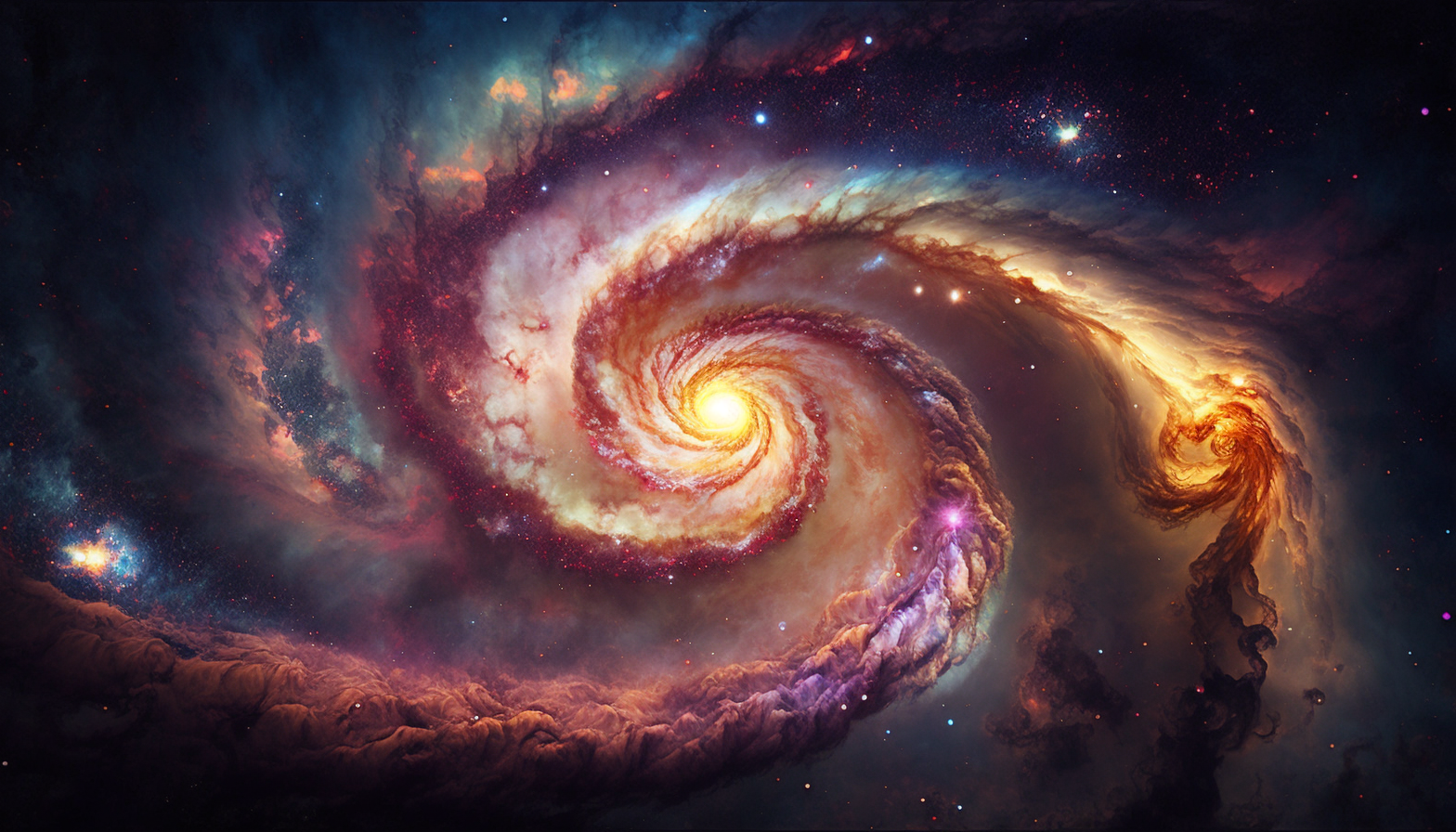 A close-up of a swirling galaxy with bright, colorful stars and clouds of gas and dust.