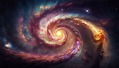 A close-up of a swirling galaxy with bright, colorful stars and clouds of gas and dust.