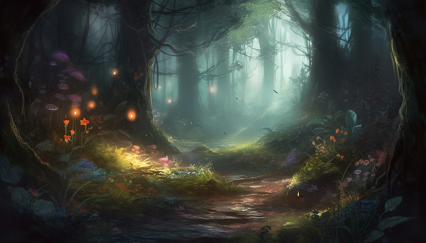 Mystical woods with glowing plants and whimsical flora.