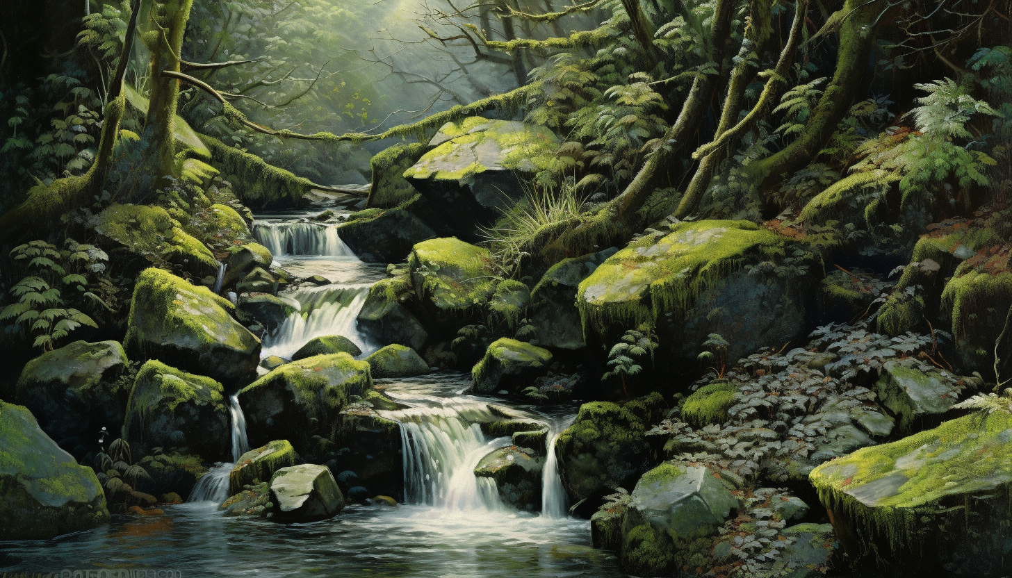 A cascading mountain stream, weaving through rocks and moss.