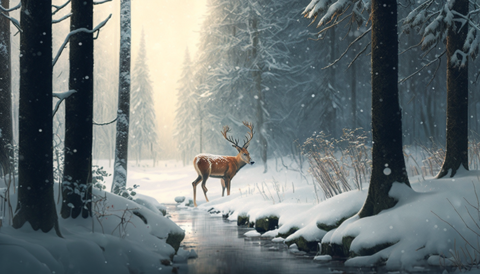 A snowy forest with deer grazing peacefully among the trees.