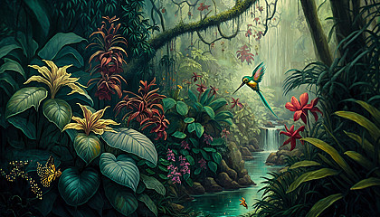 An oil painting of a tropical rainforest with exotic flowers and wildlife.