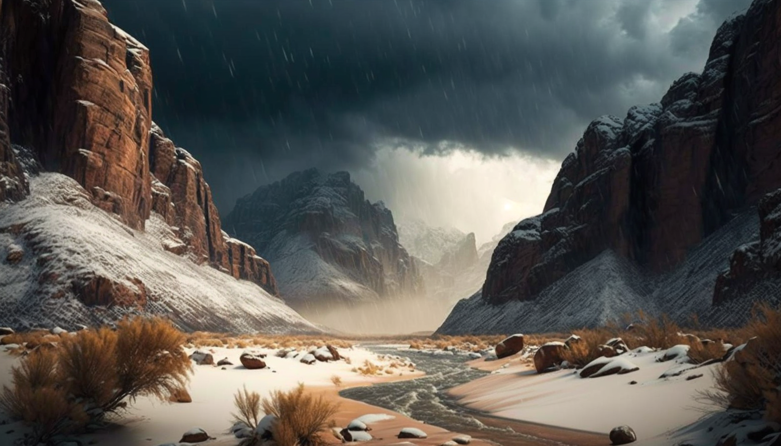 A snowstorm raging over a desert canyon