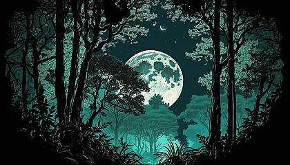 A lush forest with a bright full moon peeking through the trees.