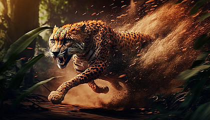 A cheetah running at high speed through a fiery jungle.
