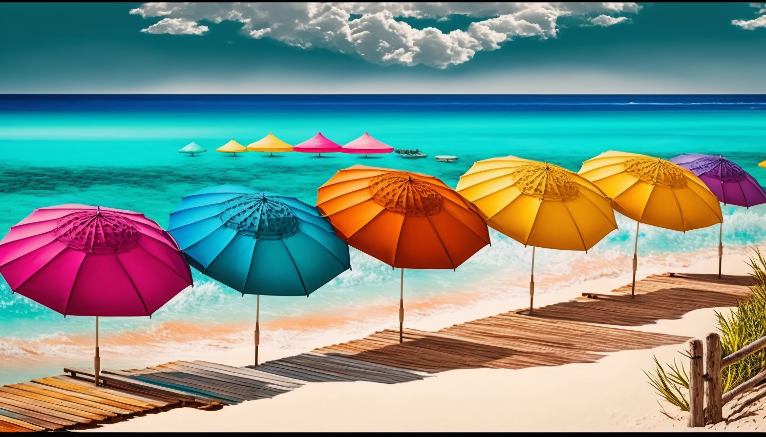 A beach scene with bright umbrellas and crystal clear water.