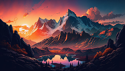 A majestic mountain range with a sunset sky as the background