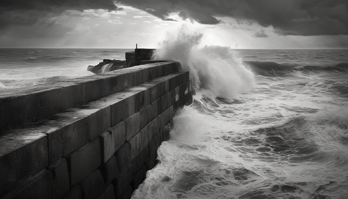 The dramatic clash of the sea with a breakwater.