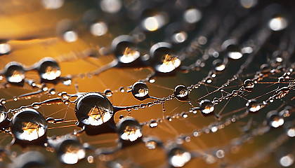 A close-up of dew drops on a spiderweb.