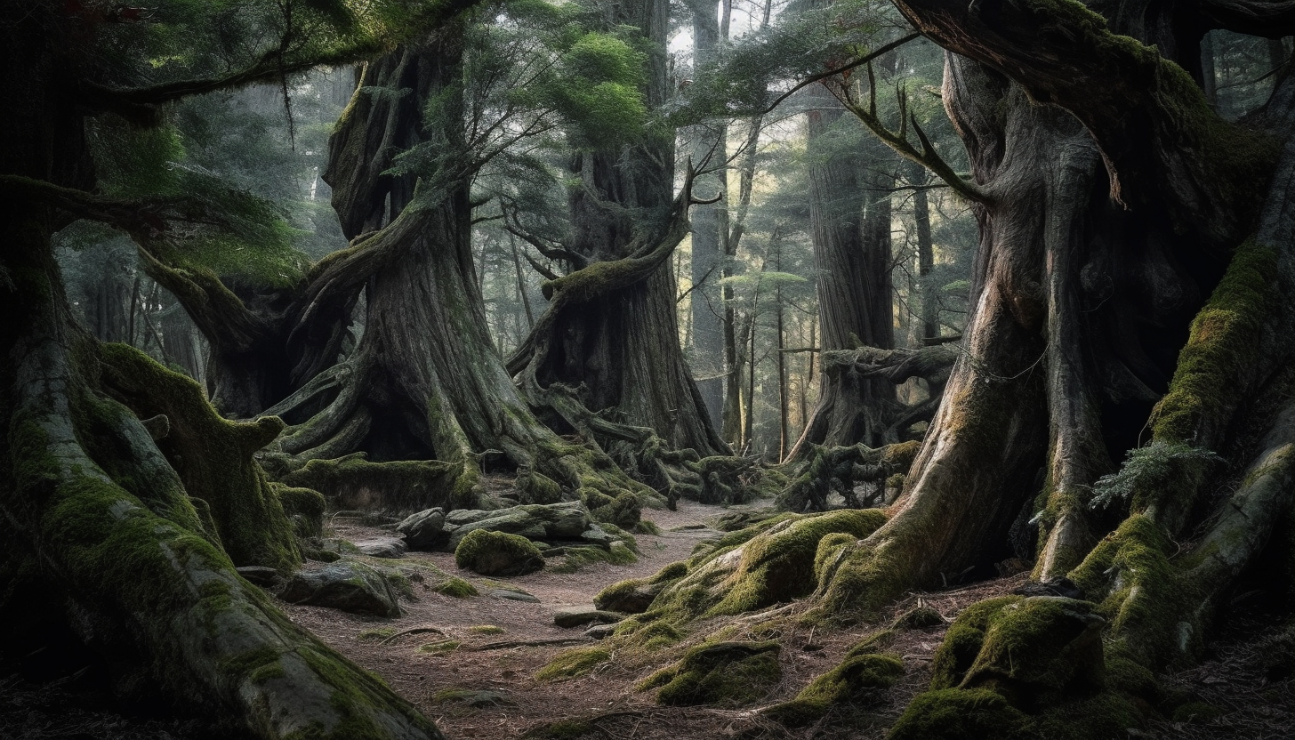 Ancient, gnarled trees standing tall in a tranquil forest.