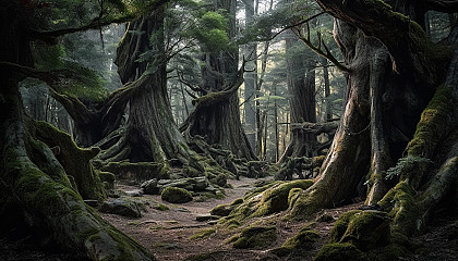 Ancient, gnarled trees standing tall in a tranquil forest.