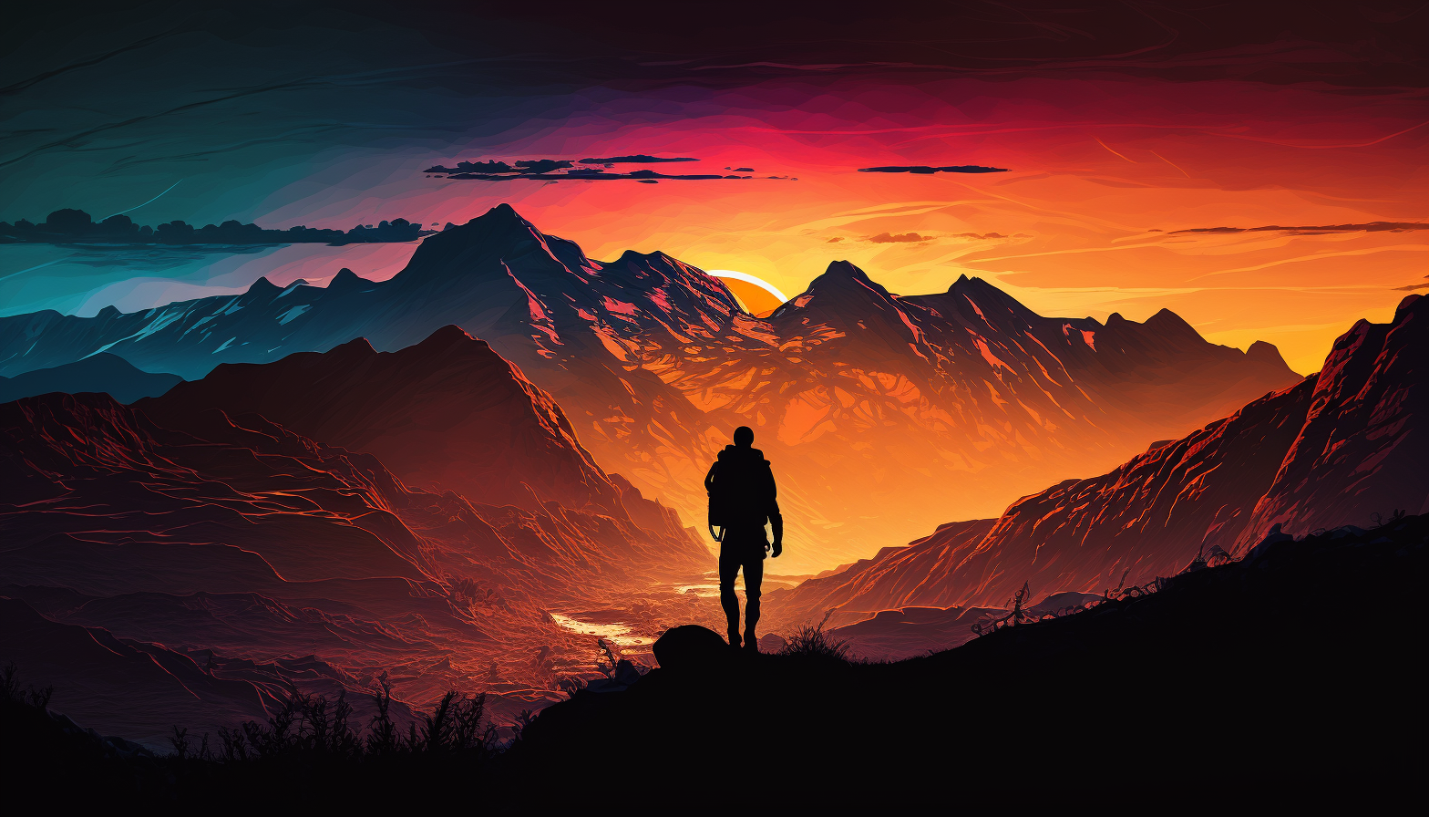 A vibrant sunset over a mountain range, with the silhouette of a lone hiker in the foreground.