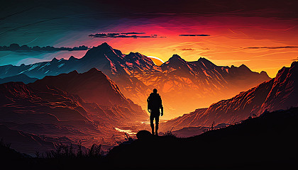 A vibrant sunset over a mountain range, with the silhouette of a lone hiker in the foreground.