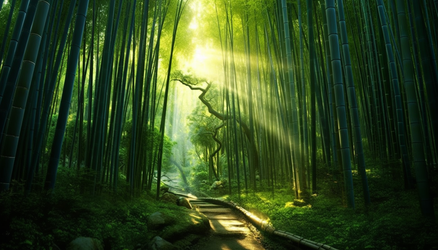 A dense bamboo forest with light filtering through the tall stalks.