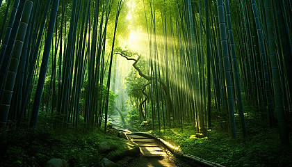 A dense bamboo forest with light filtering through the tall stalks.