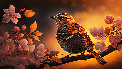 A digital art of a bird perched on a blooming dogwood branch with the background of a beautiful sunset.