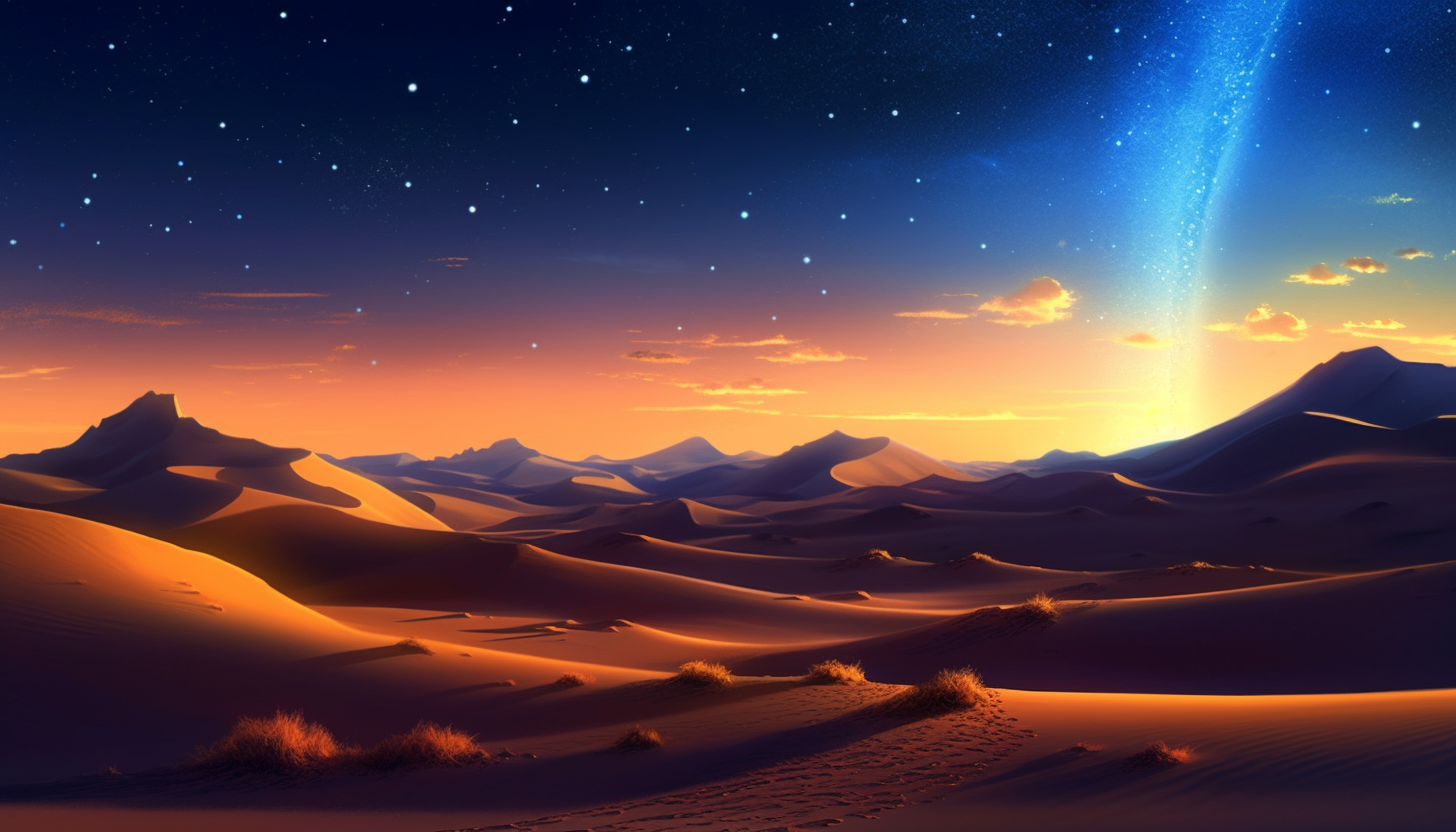 Towering sand dunes shifting with the wind under a starlit sky.